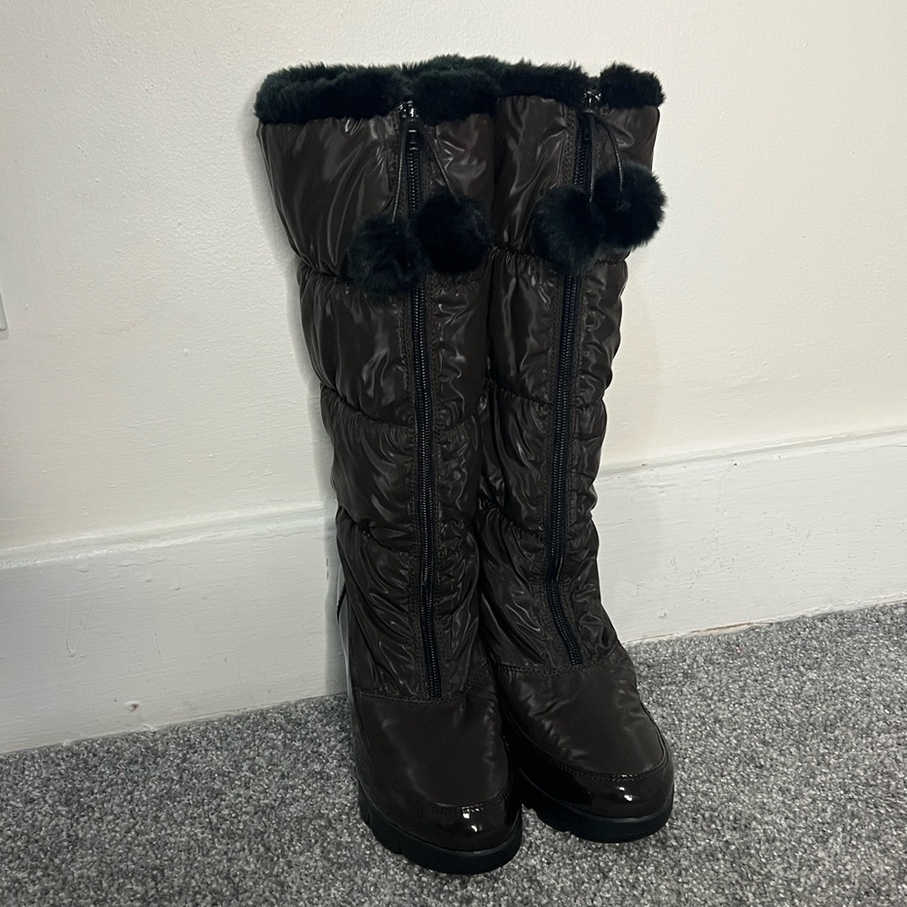 Chocolate Brown Quilted Knee-High Boots with Pom Poms - Picture 6 of 8